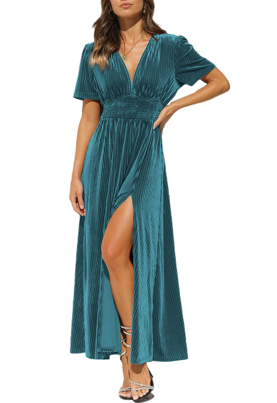 Samt-Maxikleid petrolblau mit V-Ausschnitt, Puffärmeln, geraffter Taille und Seitenschlitz