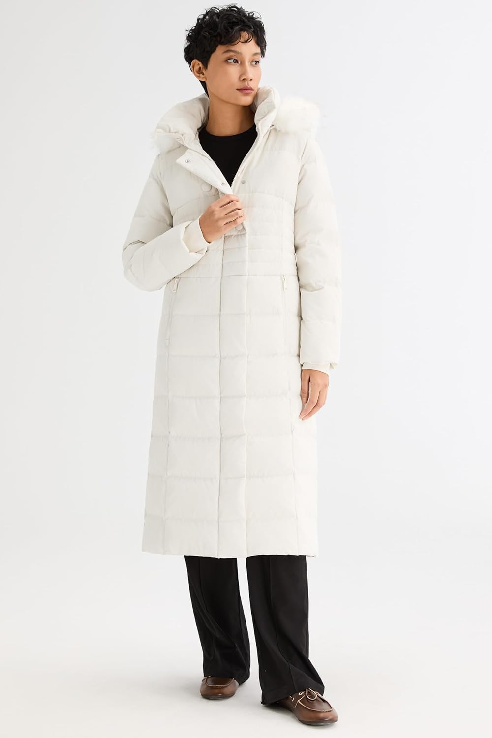 White long puffer down coat with fur-trimmed hood, full-length front view