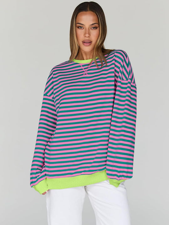 Gestreifter Oversize-Sweater mit Rundhalsausschnitt, Pinkgrün und Lime-Bündchen