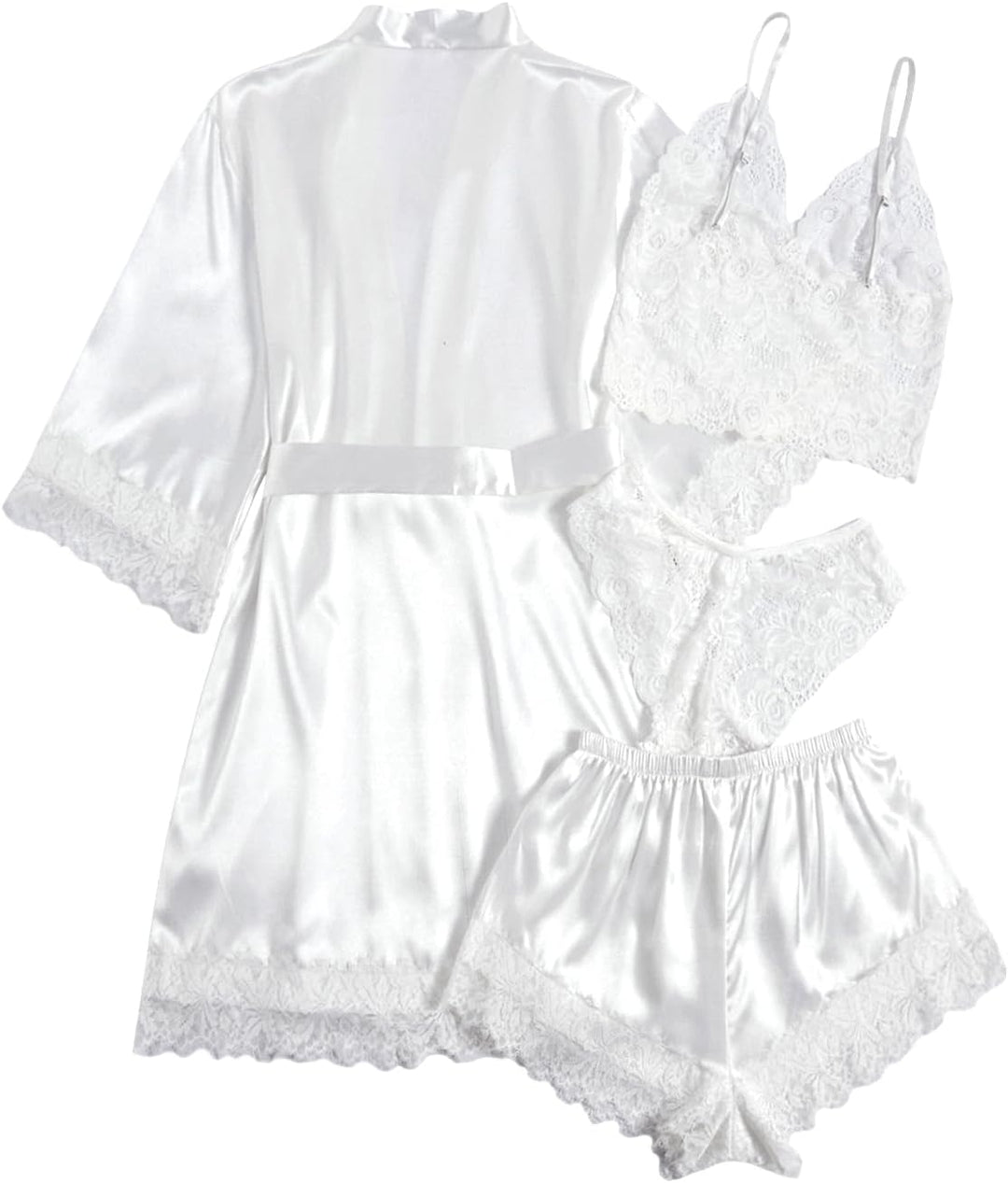 Weiße Satin-Schlafgarnitur mit Spitzen-Cami und Shorts, dazu Bademantel