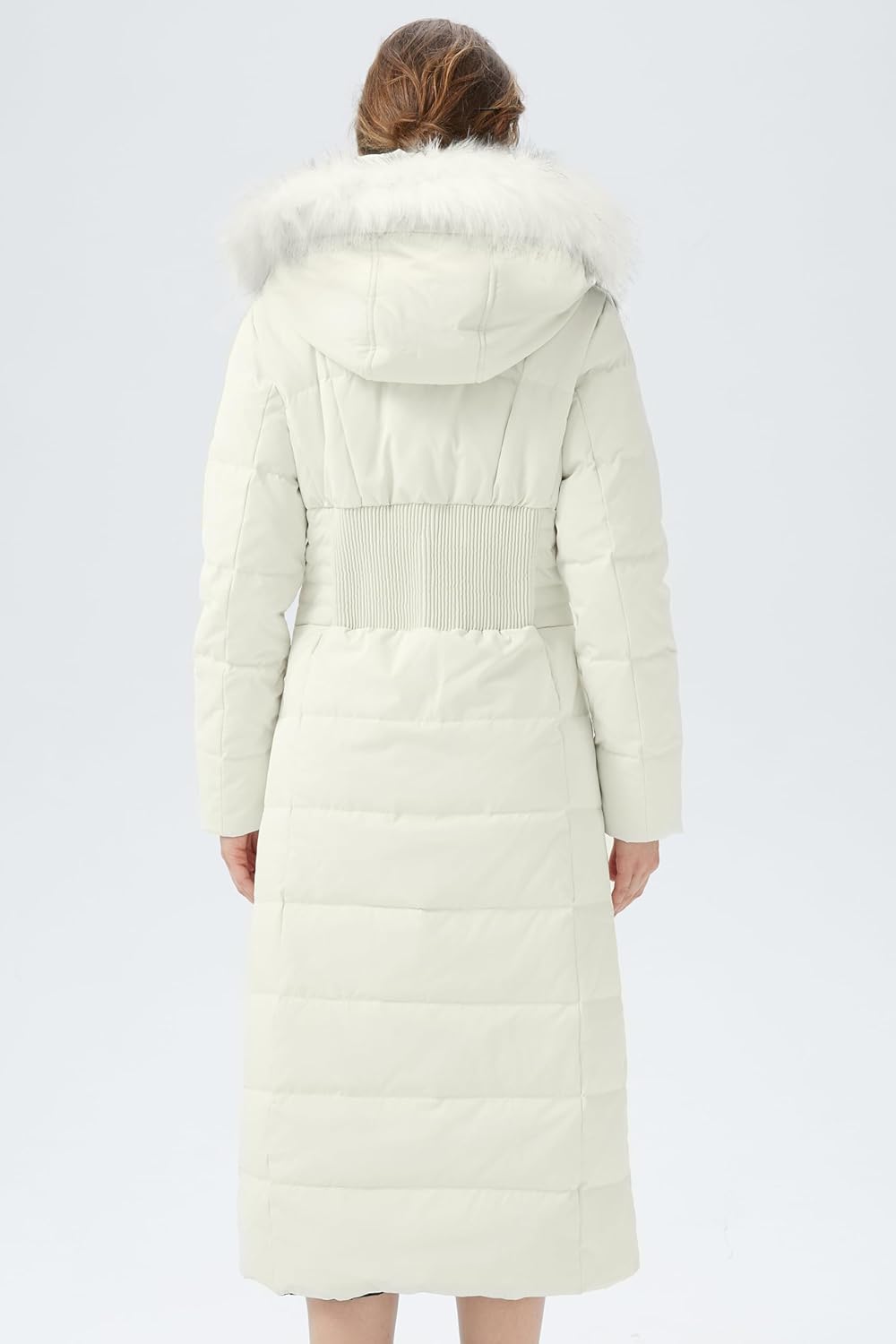 Back view white long puffer coat with fur-trimmed hood