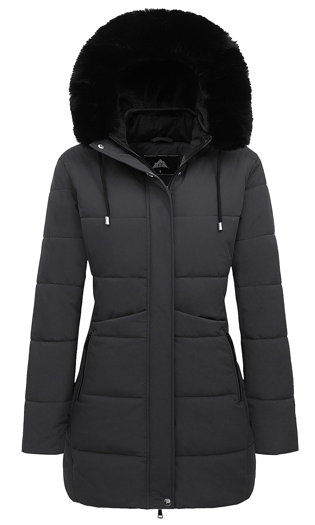 Damen Winter-Pufferjacke, Schwarz, Kunstfell-Kapuze, taillierter Parka-Schnitt