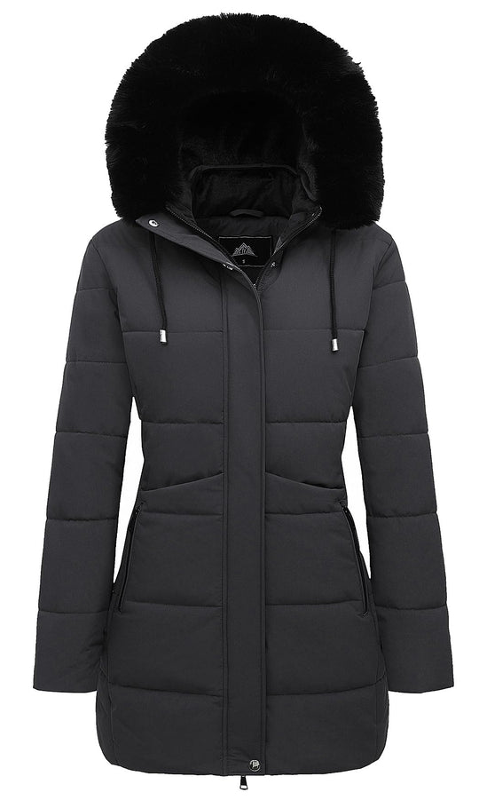 Dunkelgraue Winter-Pufferjacke für Damen mit Fellkragen an Kapuze, Steppnähten und Kordelzug