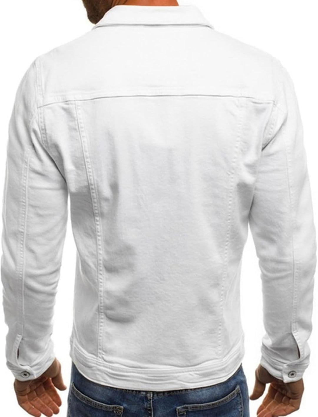 White denim jacket back view with buttoned yoke and long sleeves.