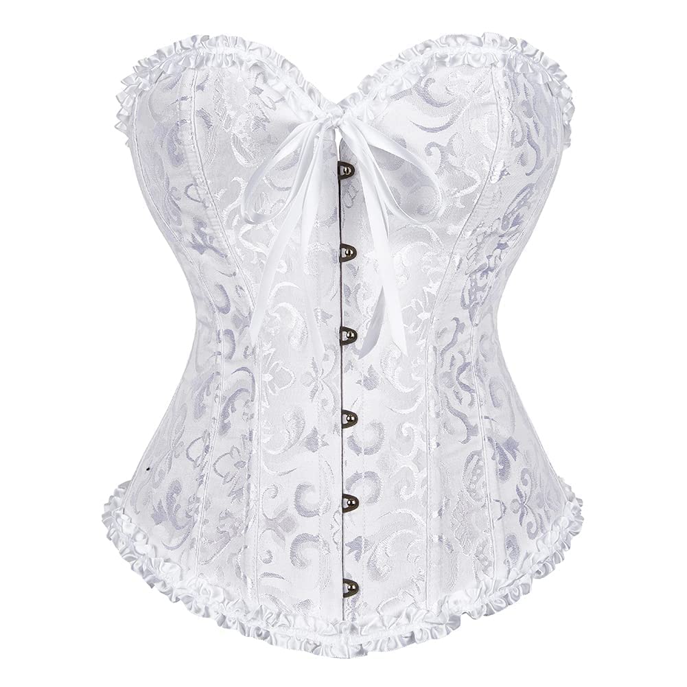 White lace corset top with sweetheart neckline, bow at center, lace-up button front