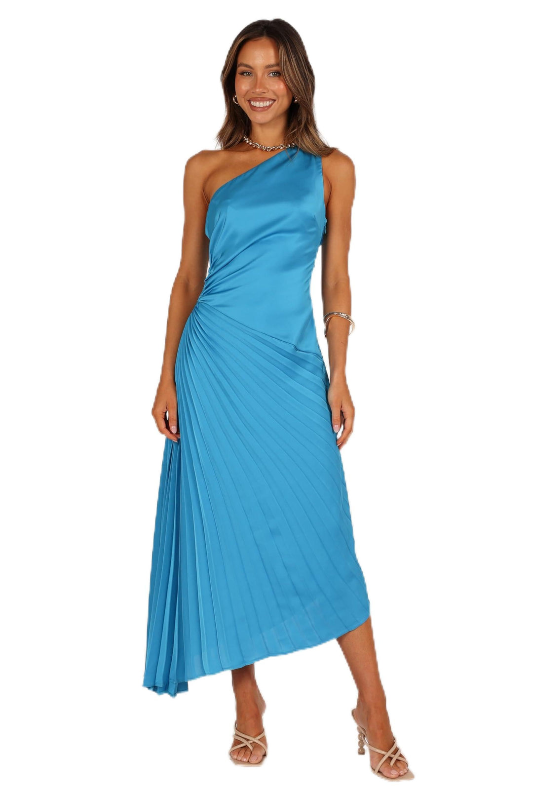 Blaues One-Shoulder Midikleid mit diagonaler Drapierung am Oberteil und Plisseerock