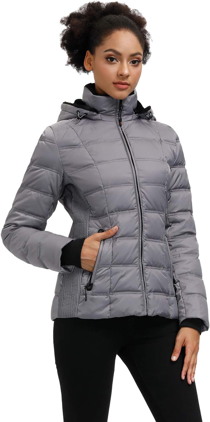 Grey women's hooded puffer jacket with front zipper and quilted down insulation