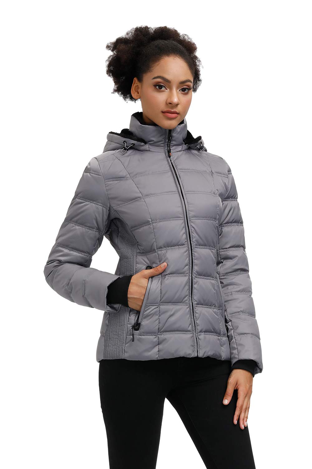 Grey women’s puffer jacket with hood, full-zip front, faux-fur trim and quilted panels