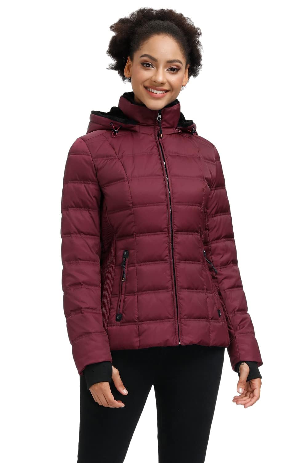 Wine red women’s puffer jacket with hood and full-zip front, quilted insulation