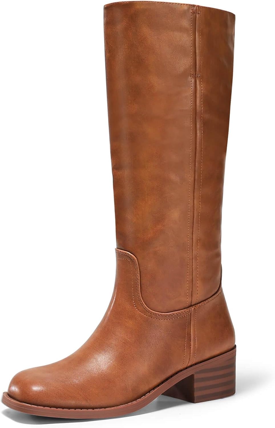 Tall knee-high boots in medium brown leather, square toe, chunky block heel