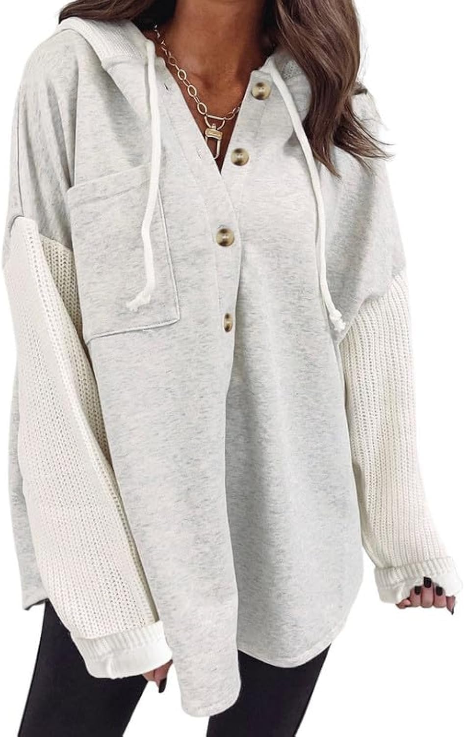 Oversized button hoodie in light gray with hood and front pocket