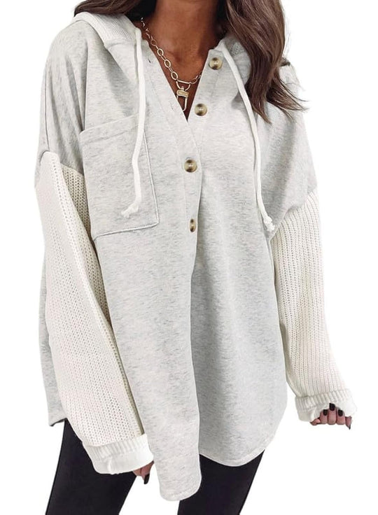 White button-front hoodie with hood drawstring and kangaroo pocket, ribbed knit sleeves