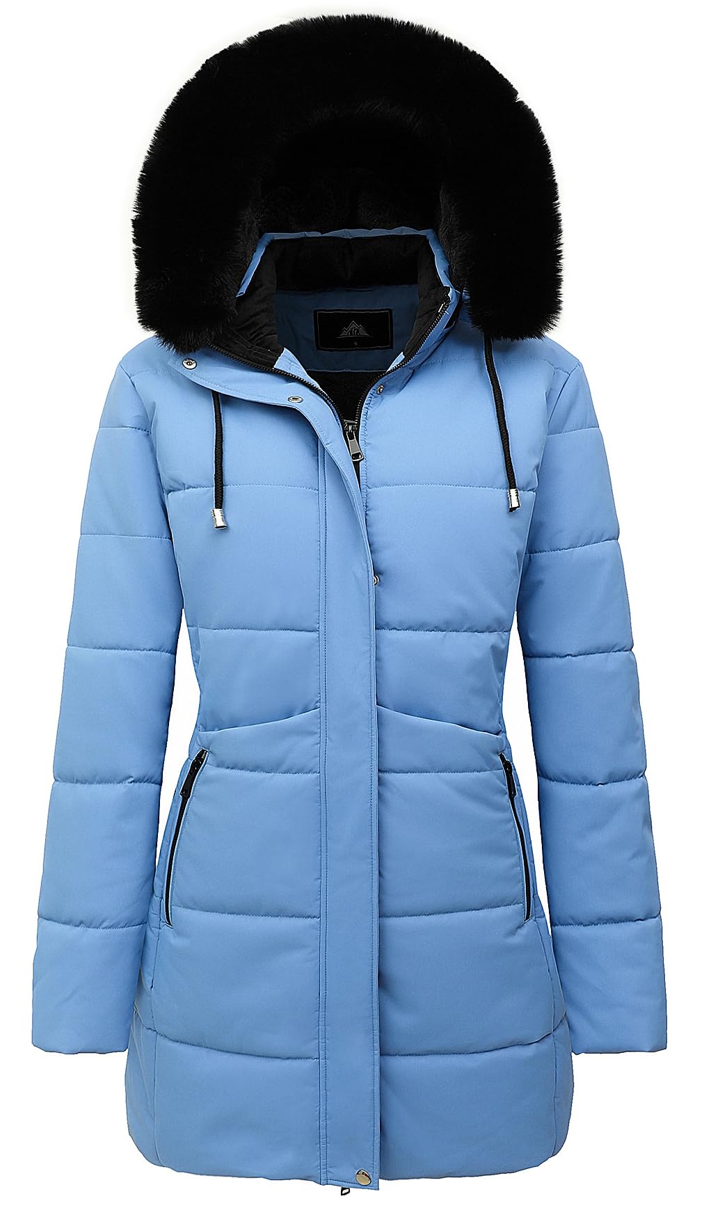 Denim Blue long puffer parka with faux-fur hood trim and front zip closure