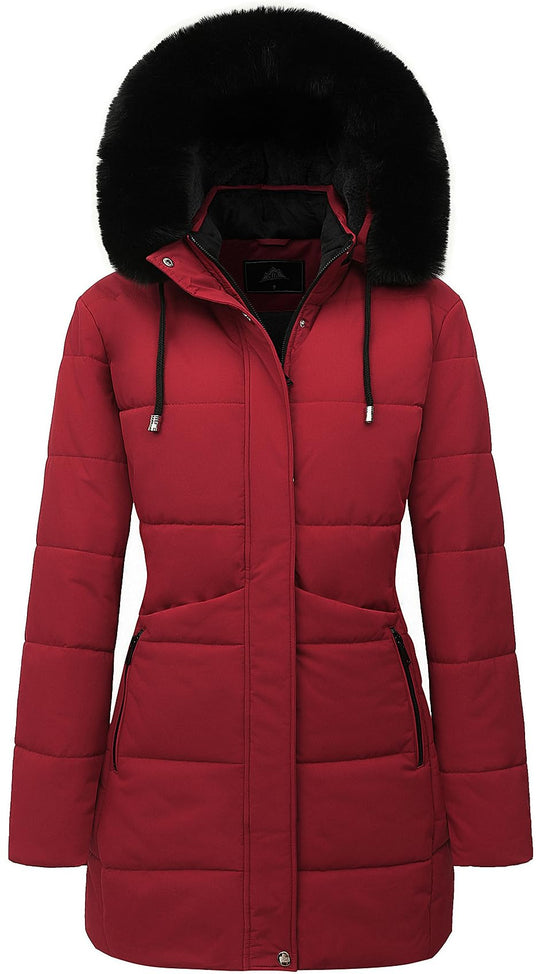 Damen Winter-Pufferjacke, Rot, Kunstfell-Kapuze, Frontreißverschluss und Zierknöpfe