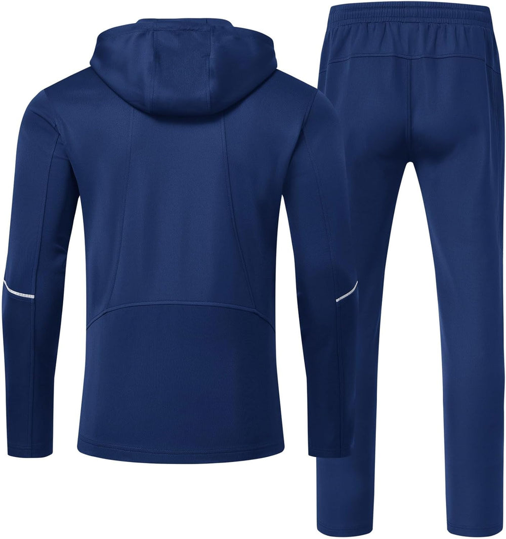 Men's track suit set, back view: hooded jacket and jogger pants, dark blue