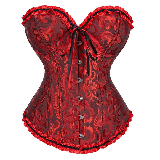 Korsett-Top aus Jacquard, rot, Schleife vorn, Rüschen an Ausschnitt und Saum