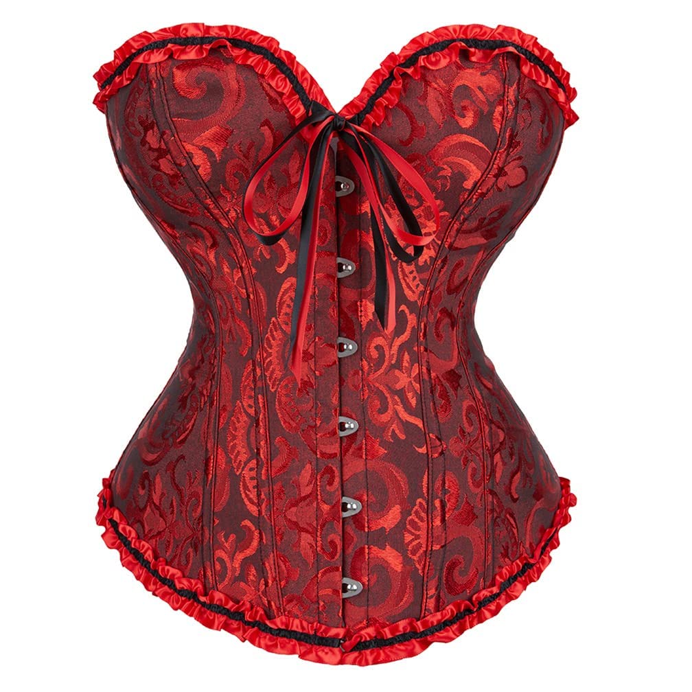 Red corset bustier with ruffled edge, central bow, and front hook-and-eye closure