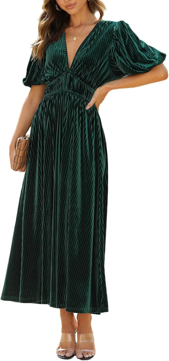 Dark green velvet maxi dress, V-neck, puff sleeves, gathered waist, pleated skirt