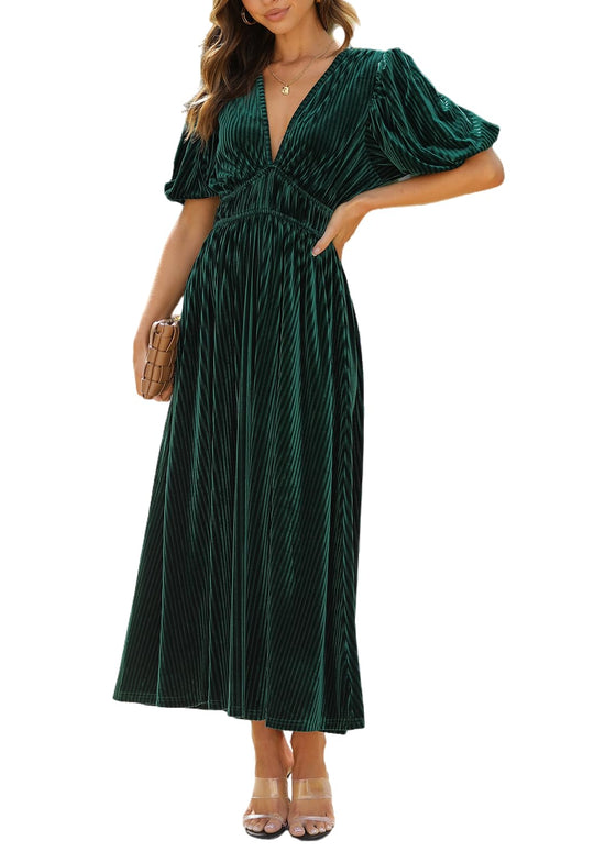 Velvet maxi dress with V-neck and puff sleeves, long gathered skirt—dark green