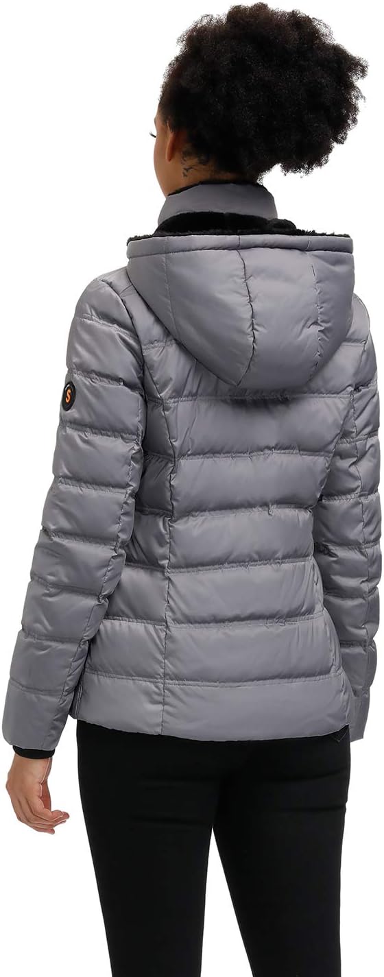 Back view of grey hooded puffer jacket with quilted insulation and elastic cuffs