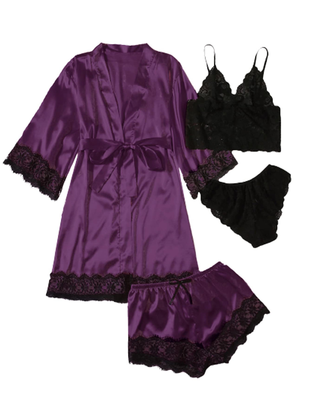 Seiden-Satin Pyjama-Set mit Spitze: mauvefarbener Kimono, schwarzes Spitzen-Bustier und Shorts