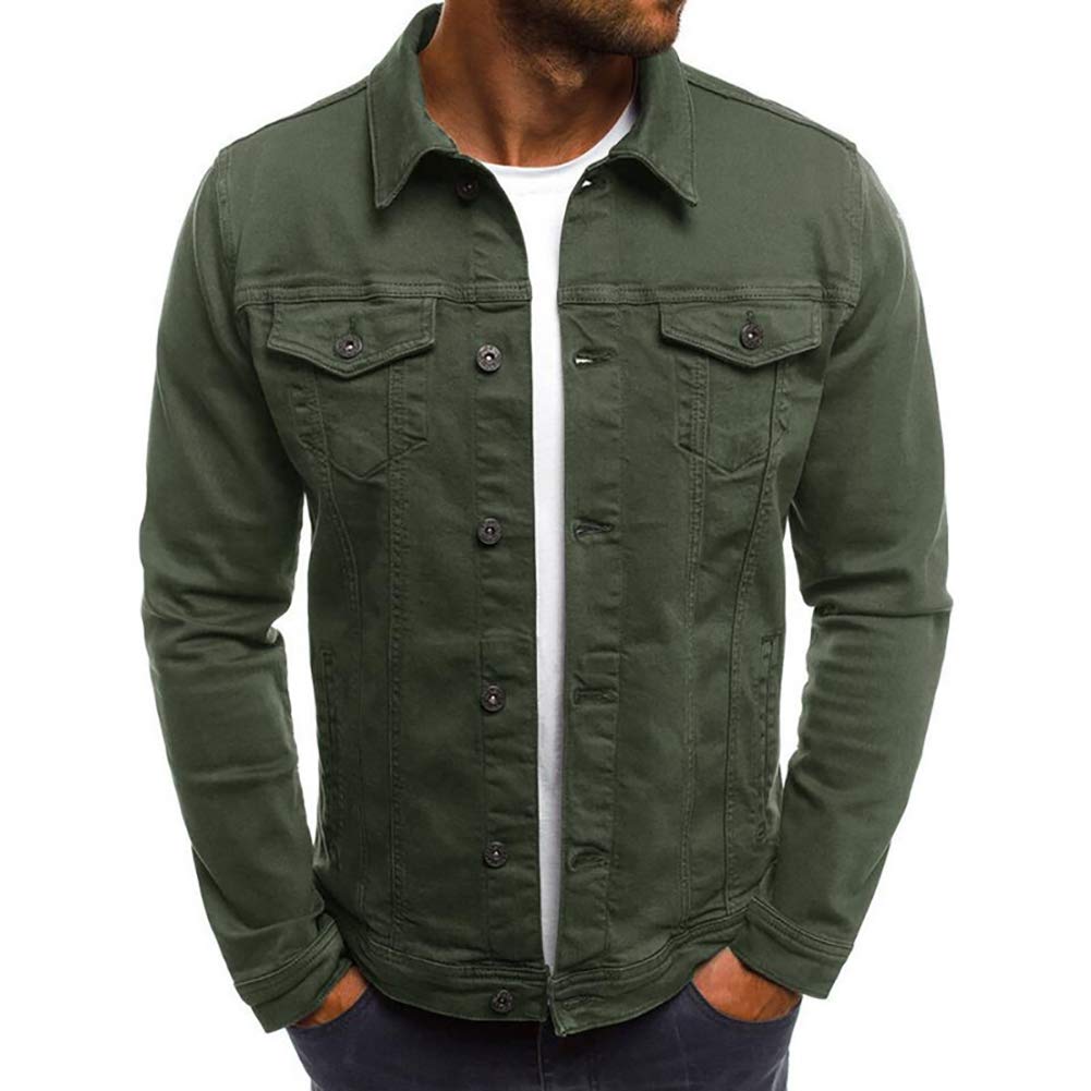 Green slim denim jacket with button-up front and chest flap pockets