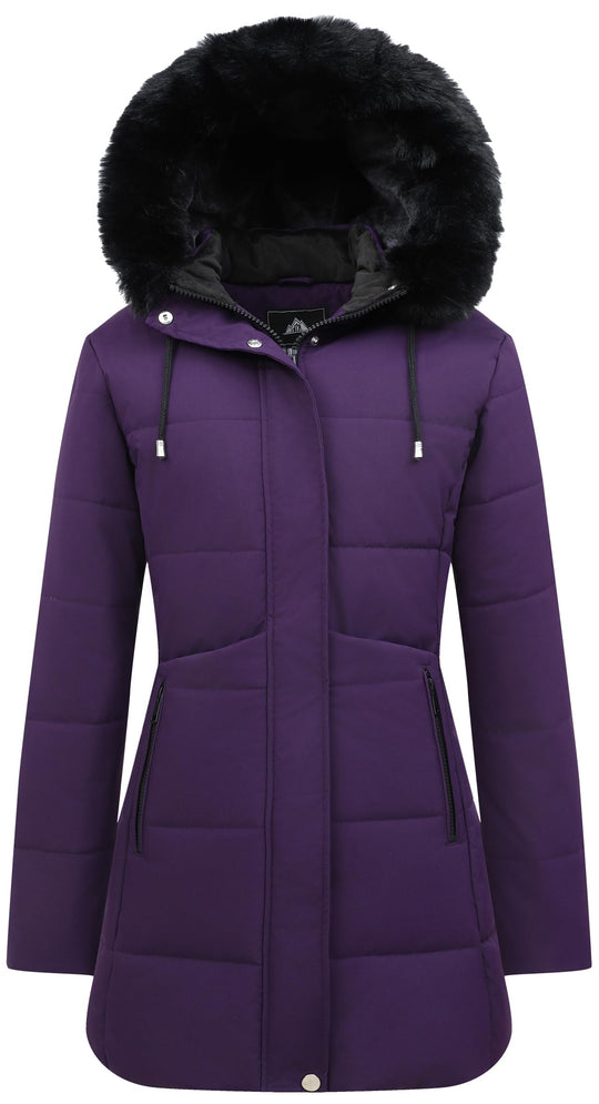 Women’s winter puffer parka in purple, faux fur hood, zip front, zip pockets, drawcord waist
