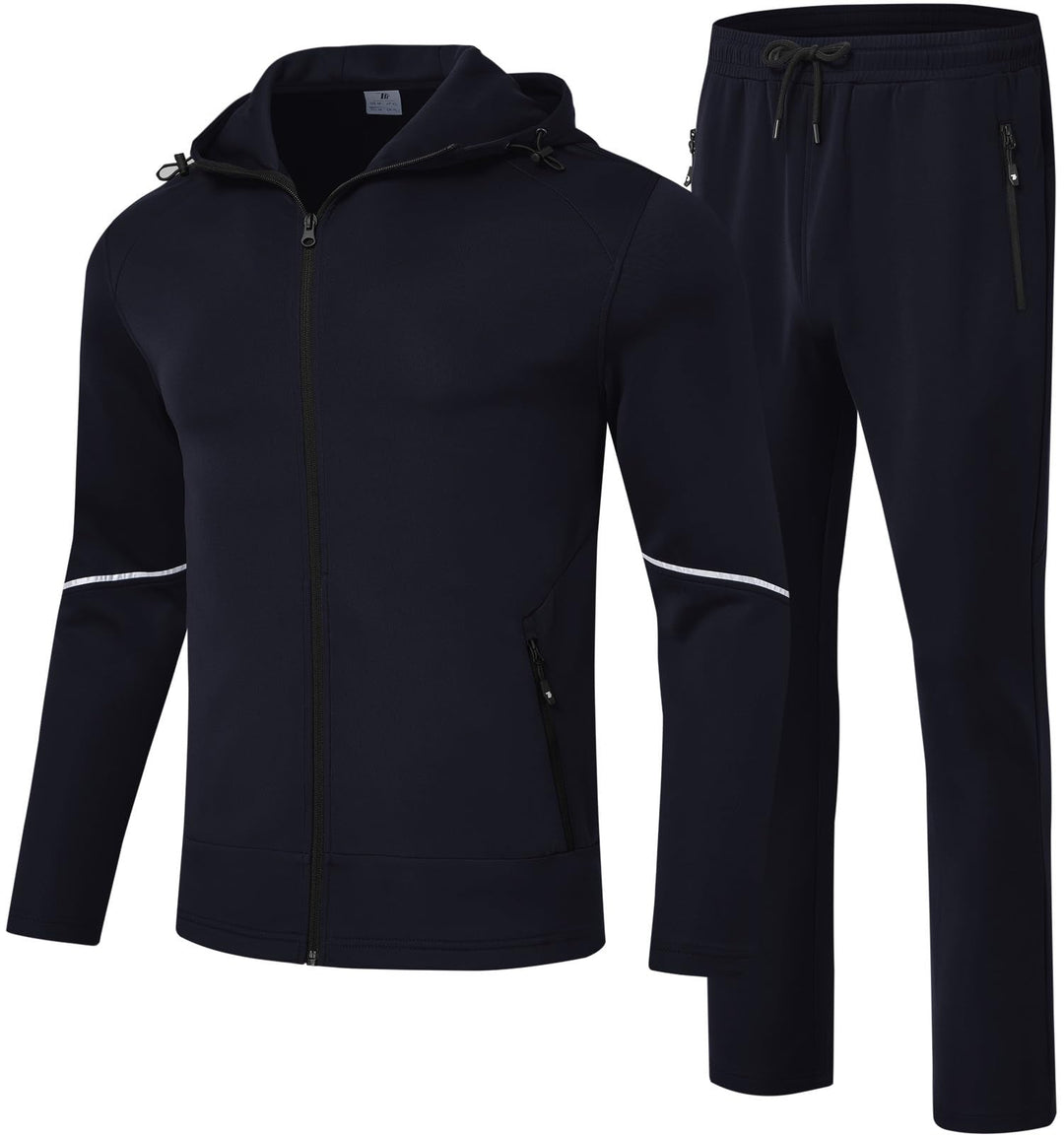 Navy zip hoodie track jacket with hood and matching jogger pants with drawstring waist