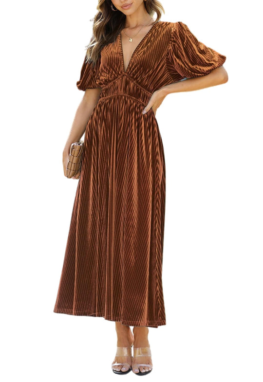 Samt-Maxikleid in braun mit V-Ausschnitt, Puffärmeln, geraffter Taille und langem Faltenrock