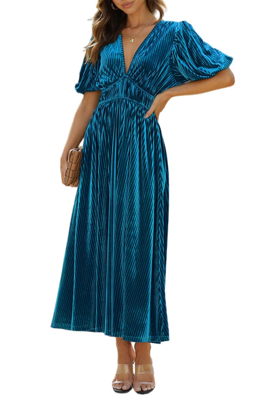 Velvet maxi dress with V-neck and short puff sleeves, gathered waist—bright blue