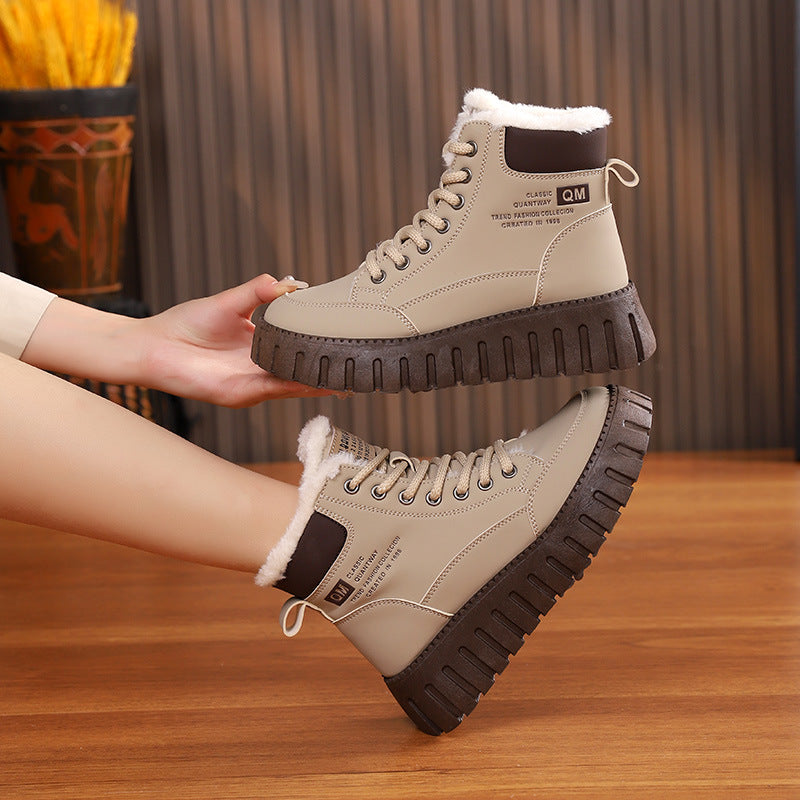 Khaki Schnürstiefelette mit Kunstfellbesatz und hoher Profilsohle