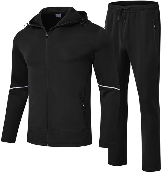 Herren 2-teiliger Trainingsanzug mit Kapuze, durchgehendem Reißverschluss, schwarze Jogginghose
