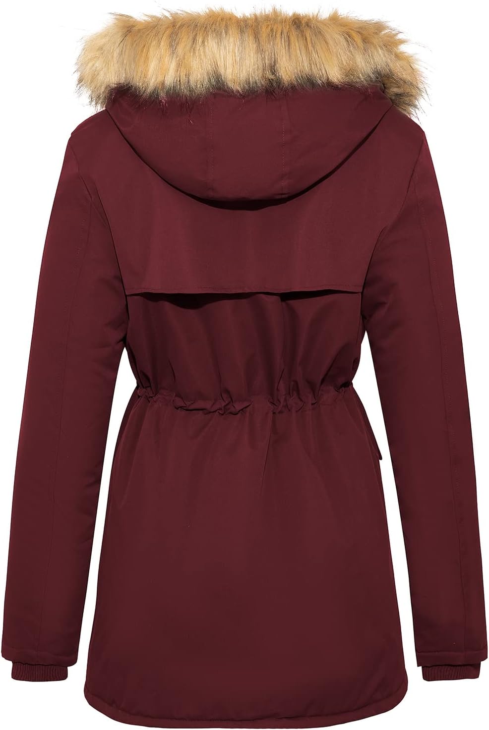 Wine-red parka back view with faux-fur hood and drawstring waist detail.