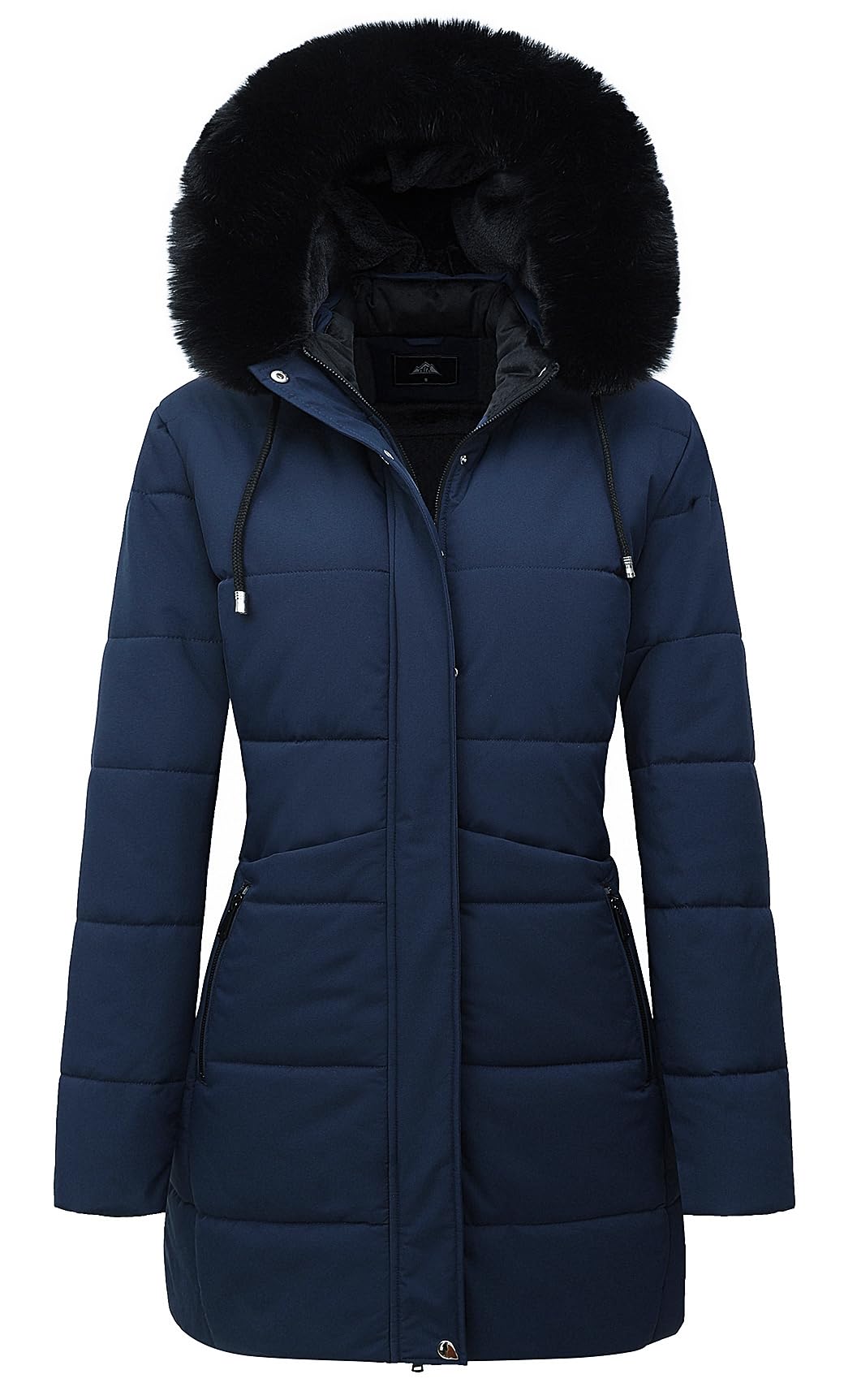 Damen Winter-Pufferjacke, Denim Blue, Kunstfell-Kapuze, Reißverschluss vorne
