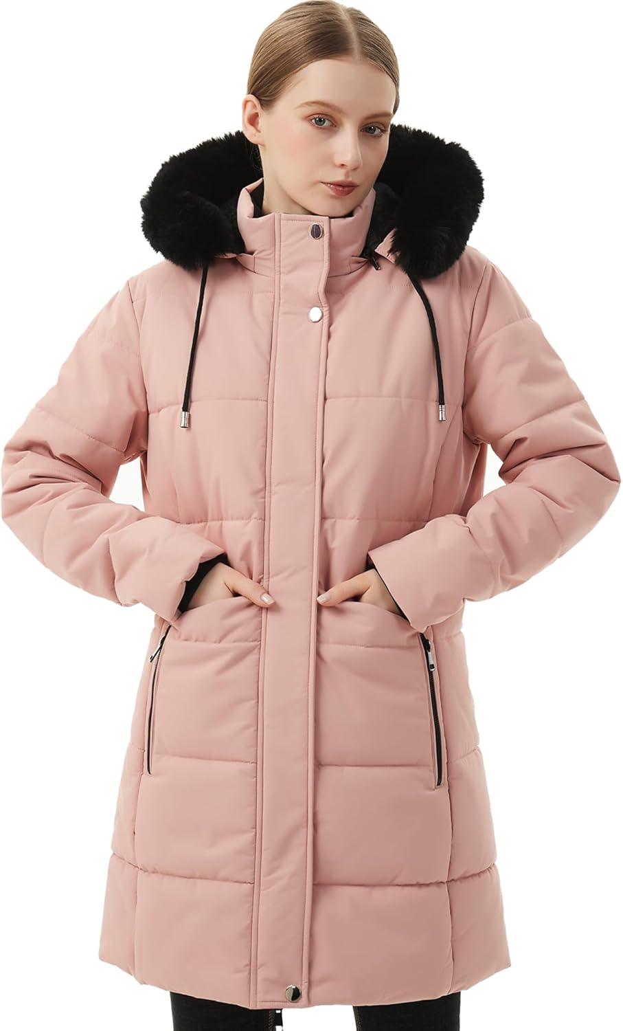 Women’s pink winter puffer jacket with detachable faux-fur hood and front zip closure