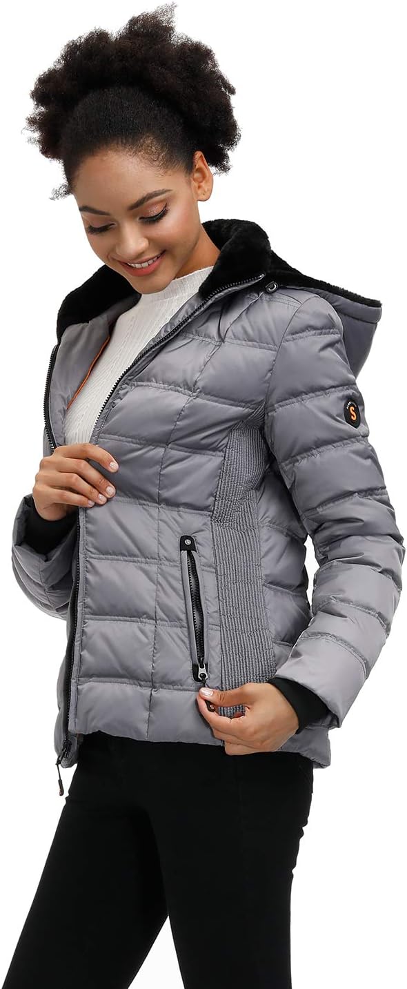 Grey puffer jacket with stand collar, full-zip front, and visible pocket zips