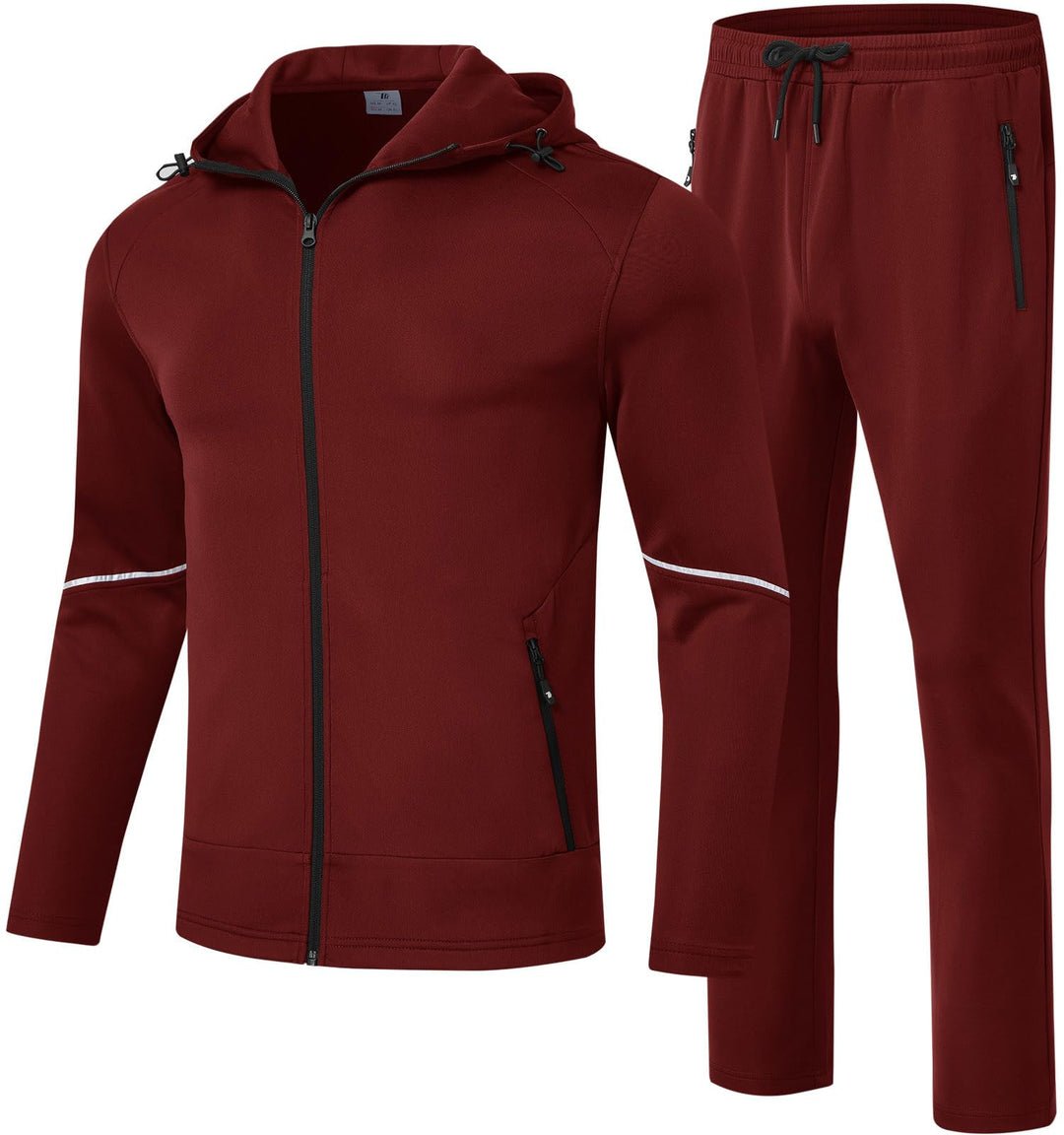 Maroon zip-up track jacket with hood strings and matching jogger pants, side zip pockets