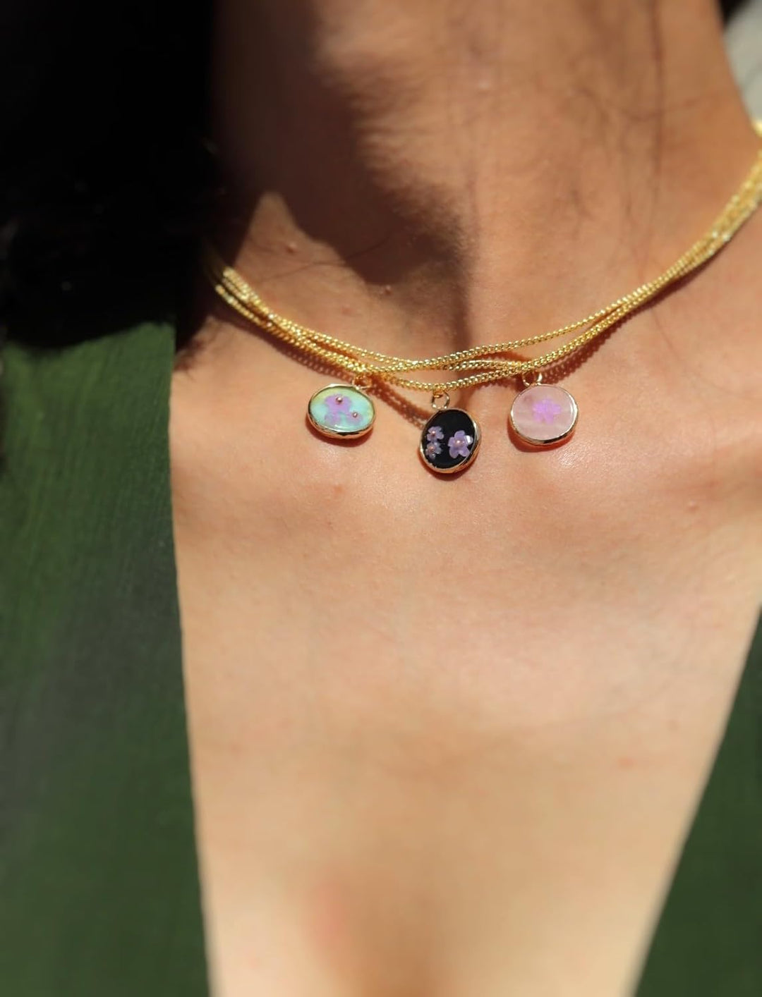 18K Gold Plated Natural Stone Necklace with Color Changing Floral Design, Black Obsidian, Amazonite, Rose Quartz, UV Reactive