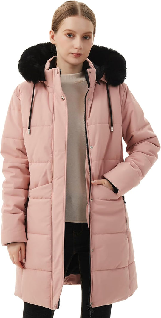Pink puffer parka with black faux-fur hood trim, zip front, and side pockets
