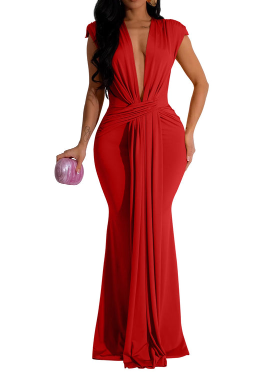 Red deep V evening gown with sleeveless shoulder detail and floor-length pleated skirt.