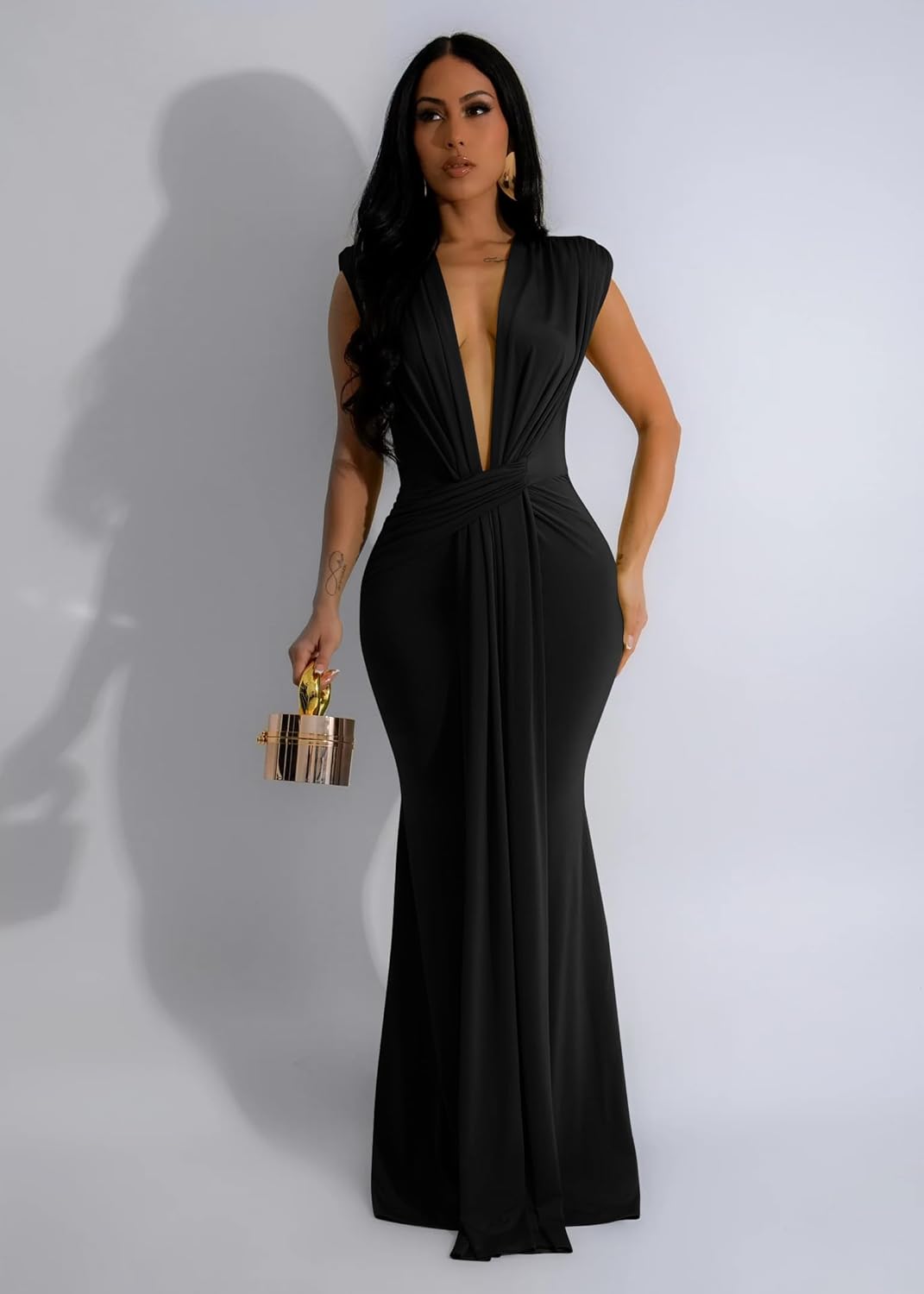 Black deep V evening gown with ruched waist detail and flowing long skirt