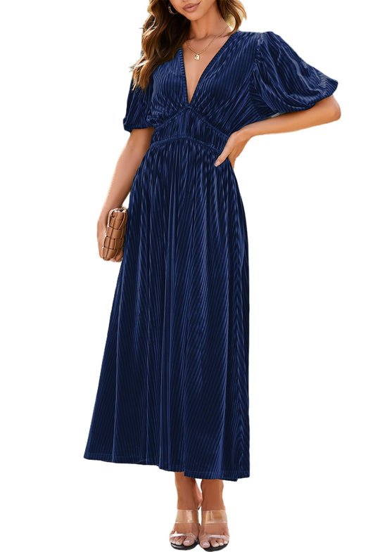 Velvet maxi dress with V-neck, short puff sleeves, gathered waist—navy blue