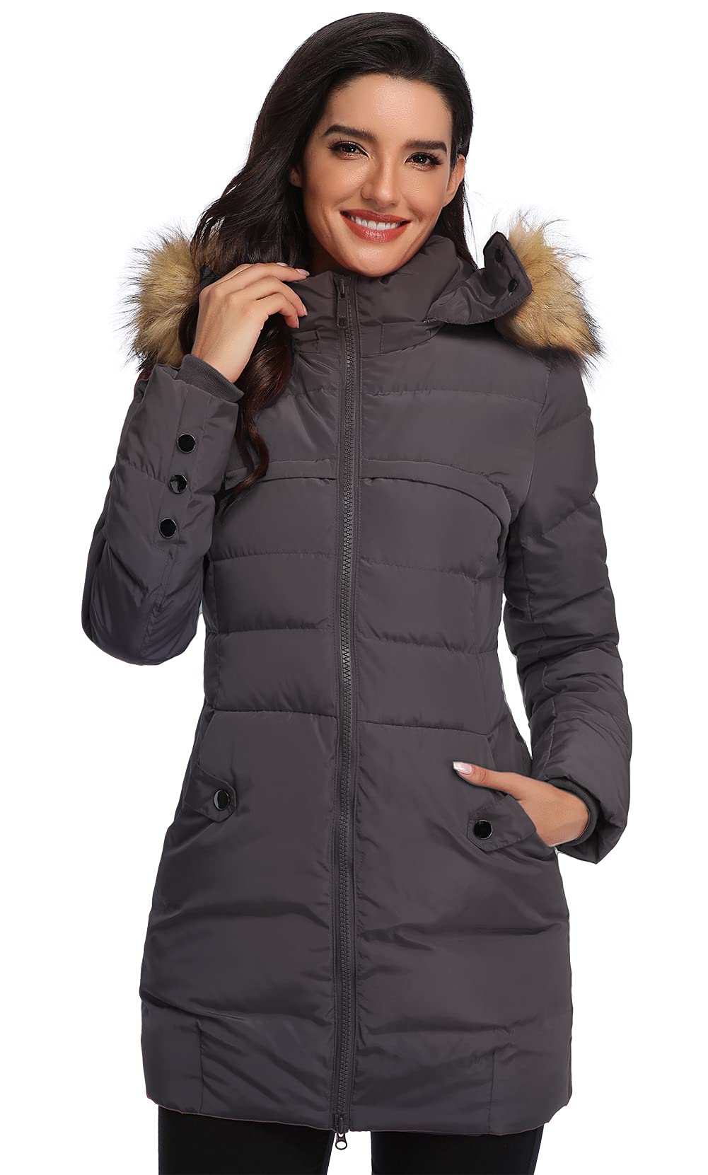 Women’s long hooded puffer down jacket in dark grey, faux fur-trimmed hood and pockets