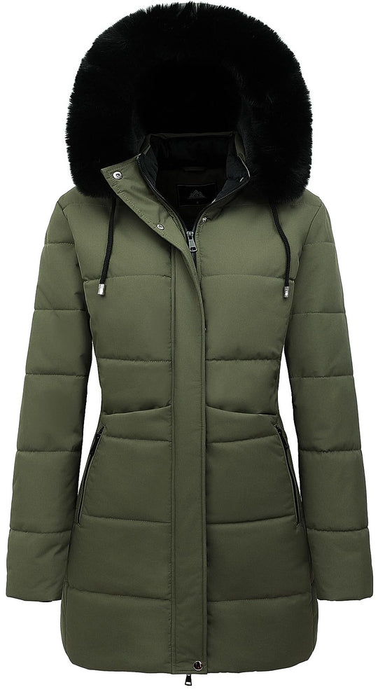 Women’s winter puffer parka, dark olive green, detachable-looking hood trim, front zip, side pockets