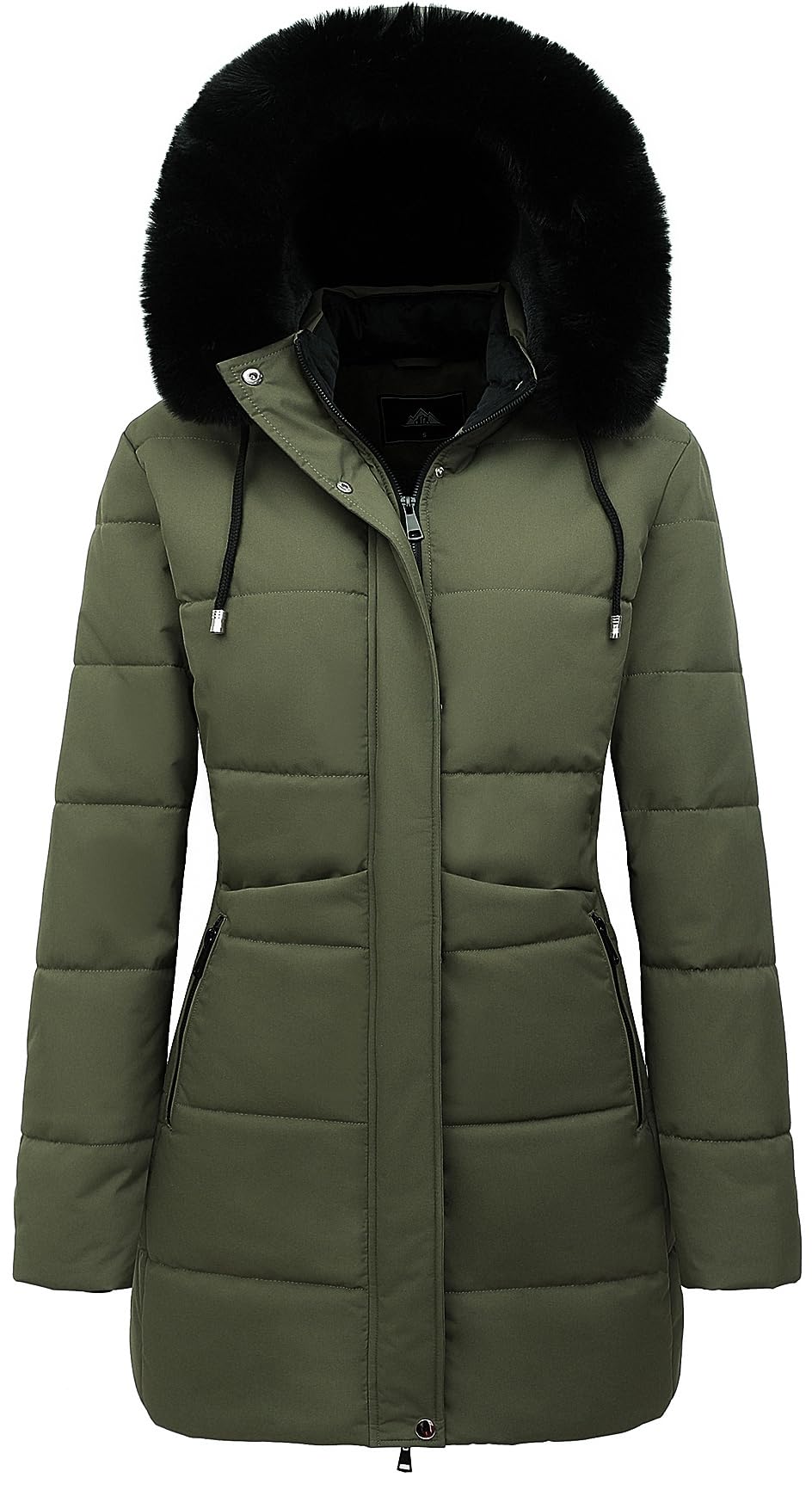 Women’s olive green puffer parka with faux-fur hood, zip front, and drawcord accents