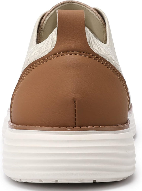Rear view of beige mesh sneakers with brown heel cap and white cushioned sole