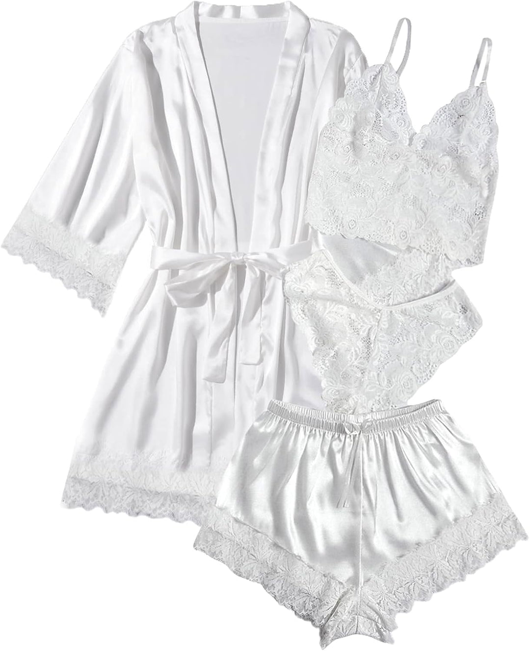 Weiße Satin-Pyjamaset (4-tlg.) mit Spitzen-Cami, Shorts und Bademantel, Schleifengürtel