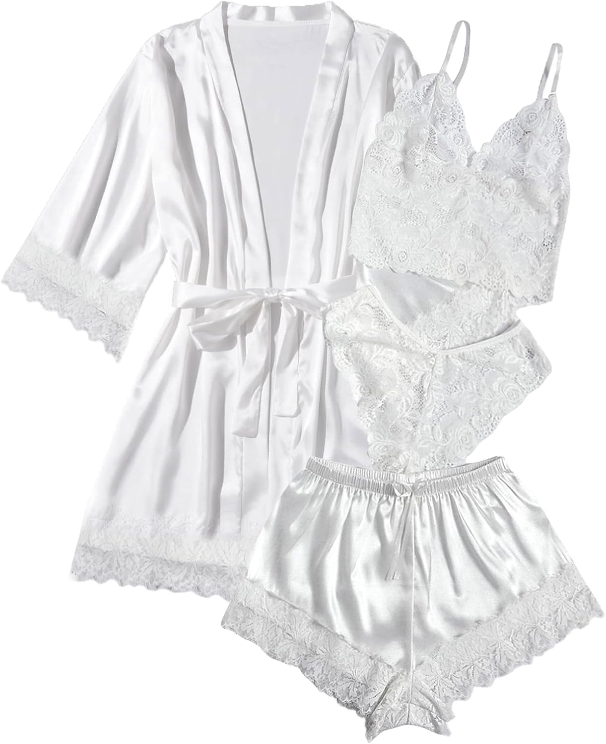 Weiße Satin-Pyjamaset (4-tlg.) mit Spitzen-Cami, Shorts und Bademantel, Schleifengürtel
