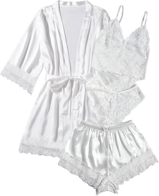 Weiße Satin-Pyjamaset (4-tlg.) mit Spitzen-Cami, Shorts und Bademantel, Schleifengürtel