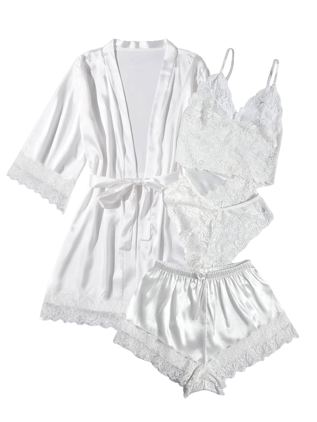 White satin pajama set with white lace cami, briefs and robe